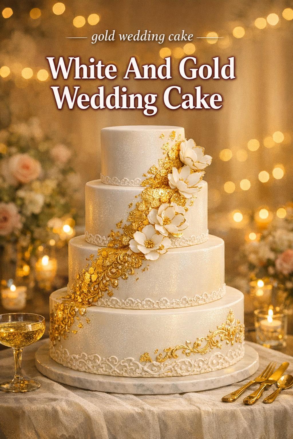 White and Gold Wedding Cake Reception Scene Gold wedding cake with white buttercream tiers, edible gold leaf and candlelit reception decor in warm golden-hour light