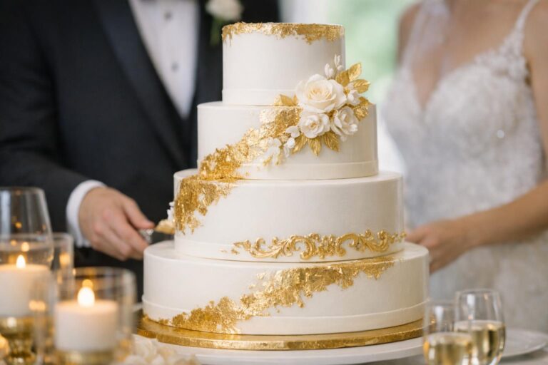Gold wedding cake with white tiers and edible gold leaf accents on an elegant reception table