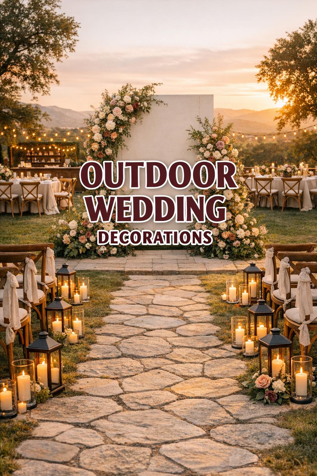 Golden hour romantic outdoor wedding decorations with lantern-lined aisle, floral arch, and farm table reception setup