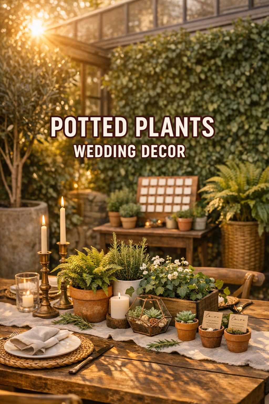 Cozy golden-hour reception table with greenery and terracotta vessels showcasing potted plants wedding decor in a secret garden setting