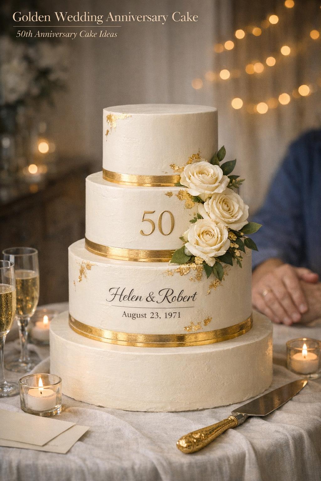 Golden Wedding Anniversary Cake for 50th Celebration Golden wedding anniversary cake with 3-tier ivory buttercream, gold leaf accents, roses, candles and elegant table setting