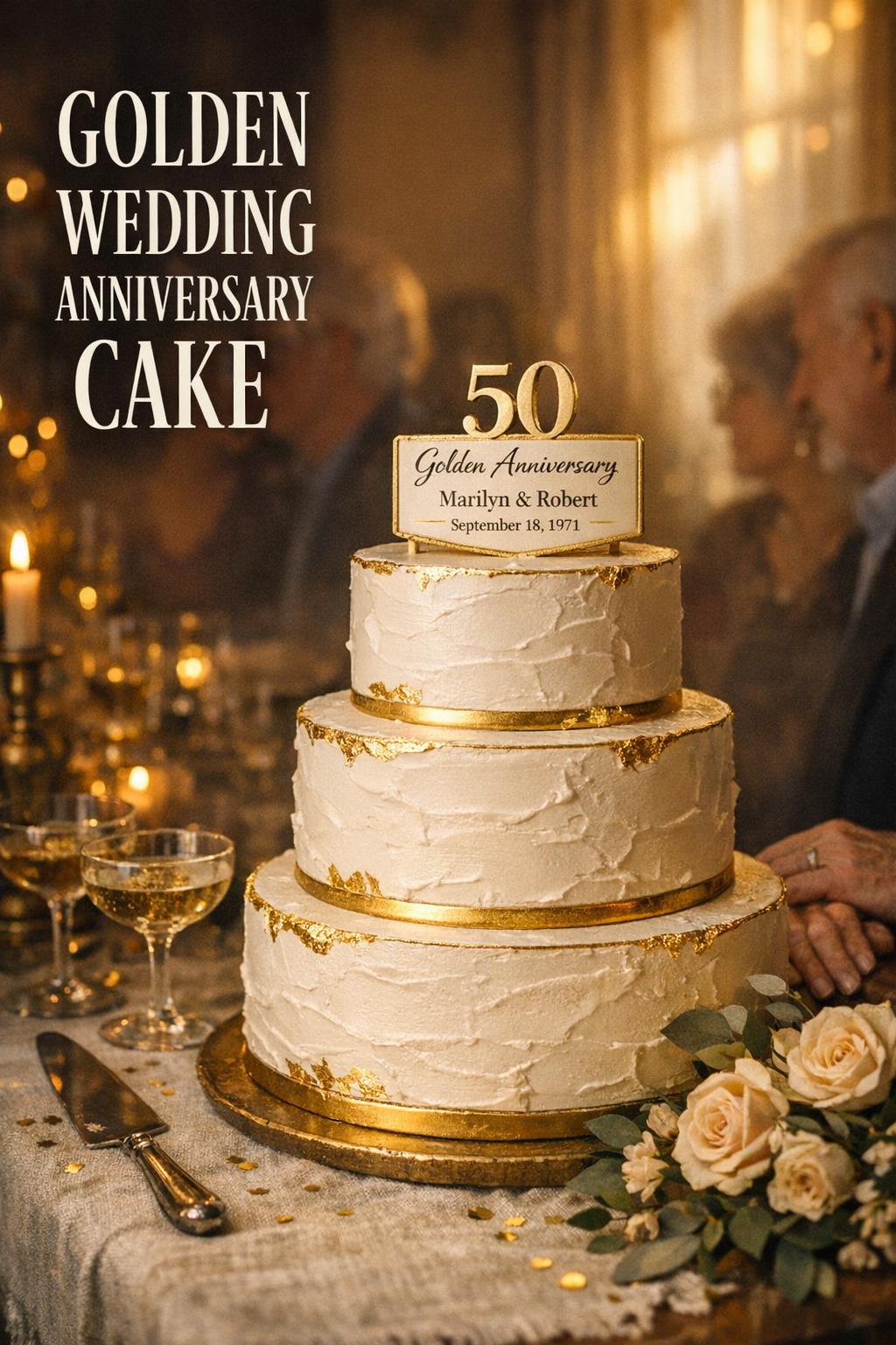 Golden Wedding Anniversary Cake in Candlelight Golden wedding anniversary cake with 50 topper on linen table in warm candlelit dining room, family softly blurred behind