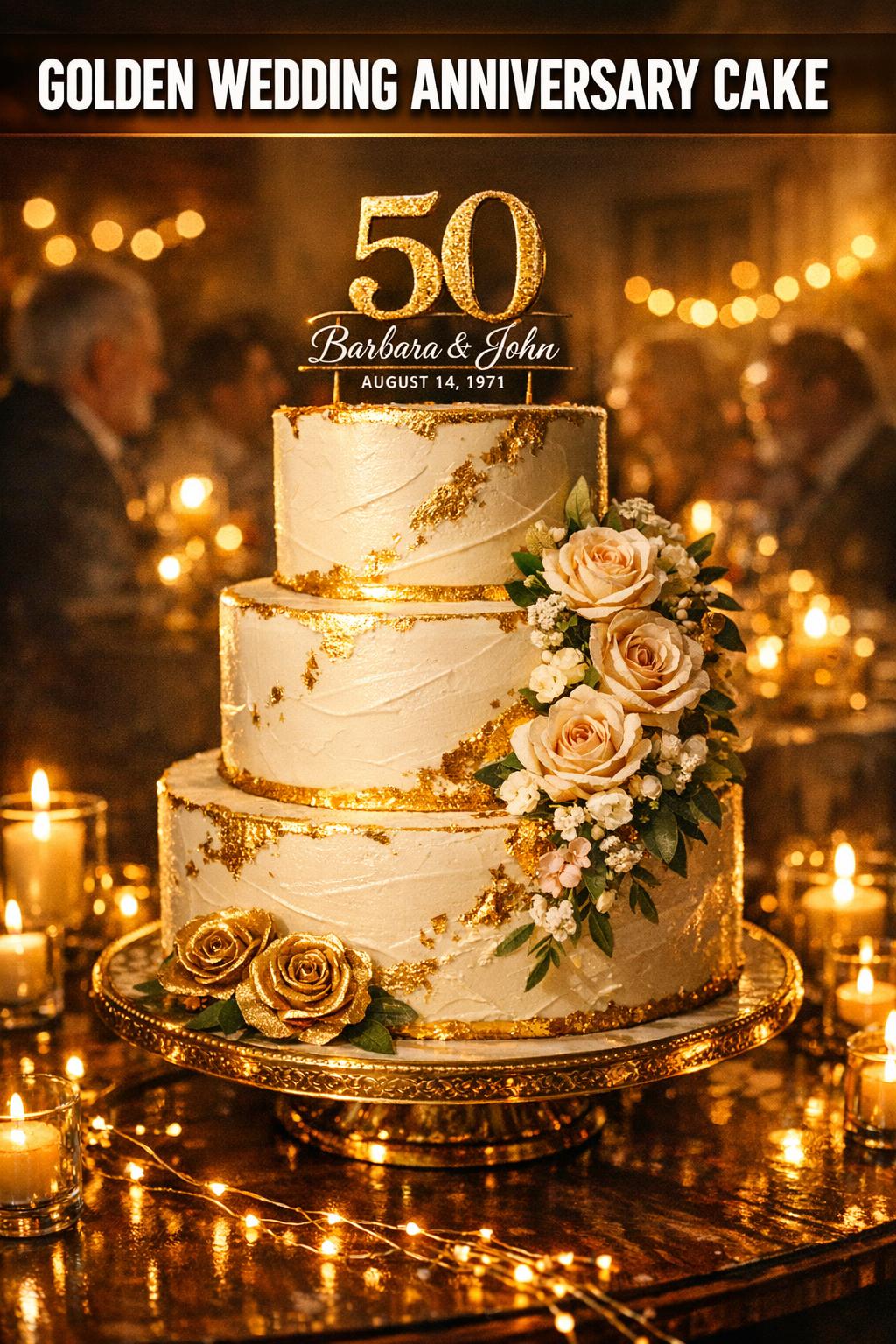 Golden Wedding Anniversary Cake Golden wedding anniversary cake with elegant gold accents and fresh flowers on a white table