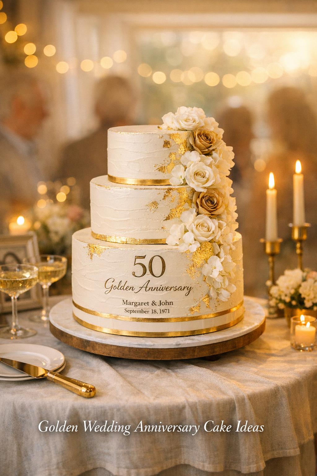 Golden Wedding Anniversary Cake Ideas for 50th Golden wedding anniversary cake with gold leaf and white florals on a linen table, warm candlelit 50th celebration