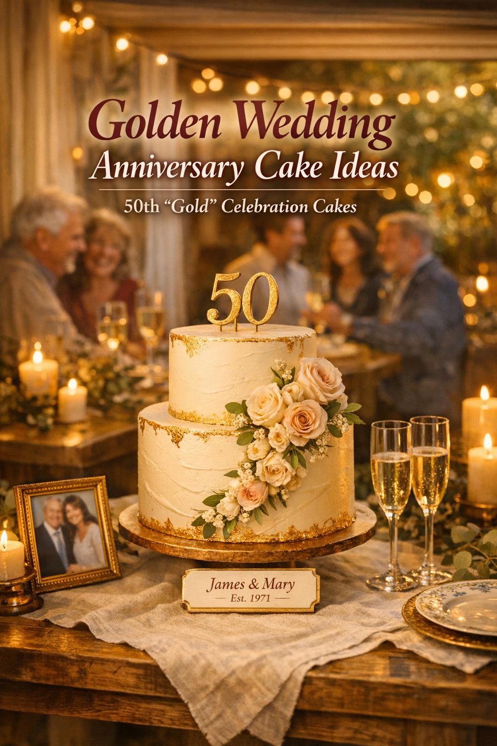 Golden Wedding Anniversary Cake Ideas for 50th Golden wedding anniversary cake on candlelit table at a cozy 50th celebration with warm golden-hour glow and friends behind