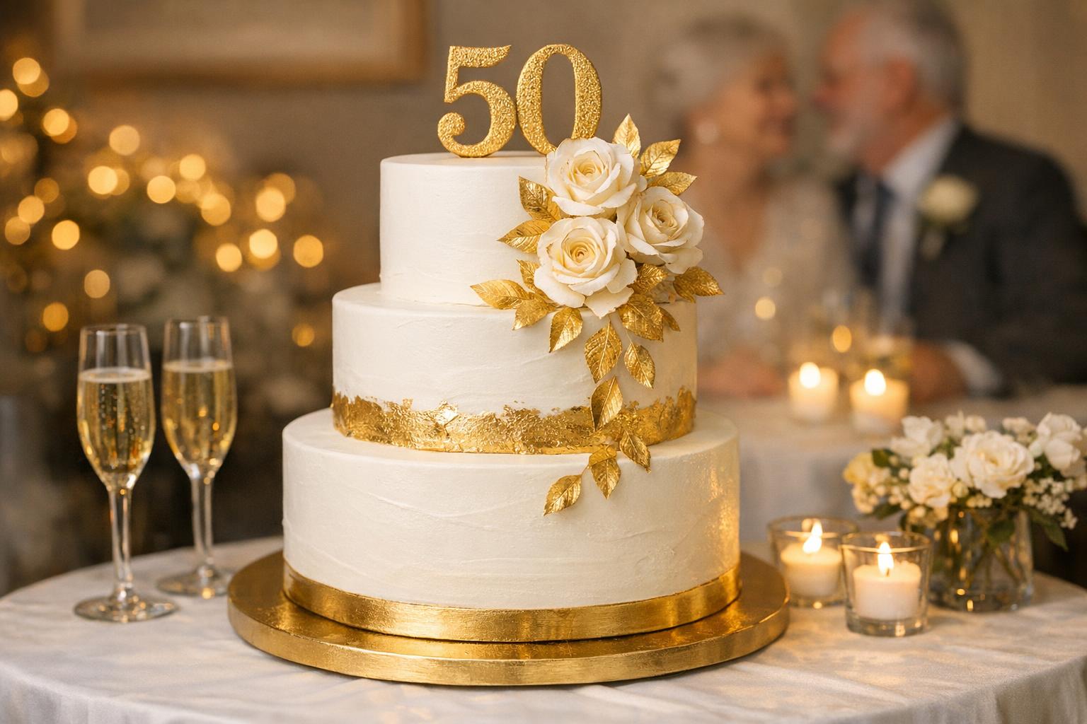 Golden Wedding Anniversary Cake Styles with Luminous Gold Details