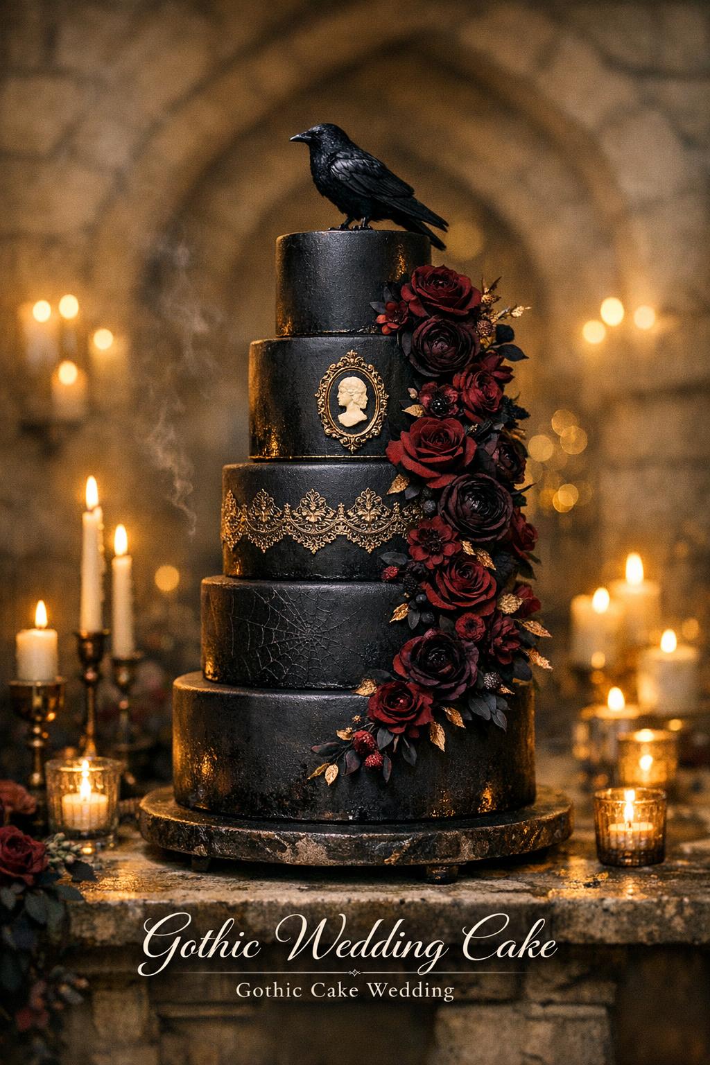 Gothic wedding cake with black velvet tiers, burgundy flowers, gold accents and raven topper on a candlelit stone table