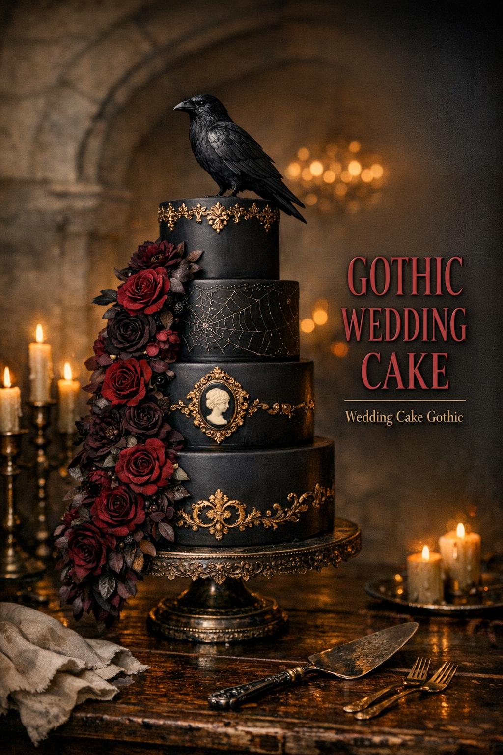 Gothic wedding cake with raven topper and dark florals in a candlelit stone hall, luxury editorial detail photo