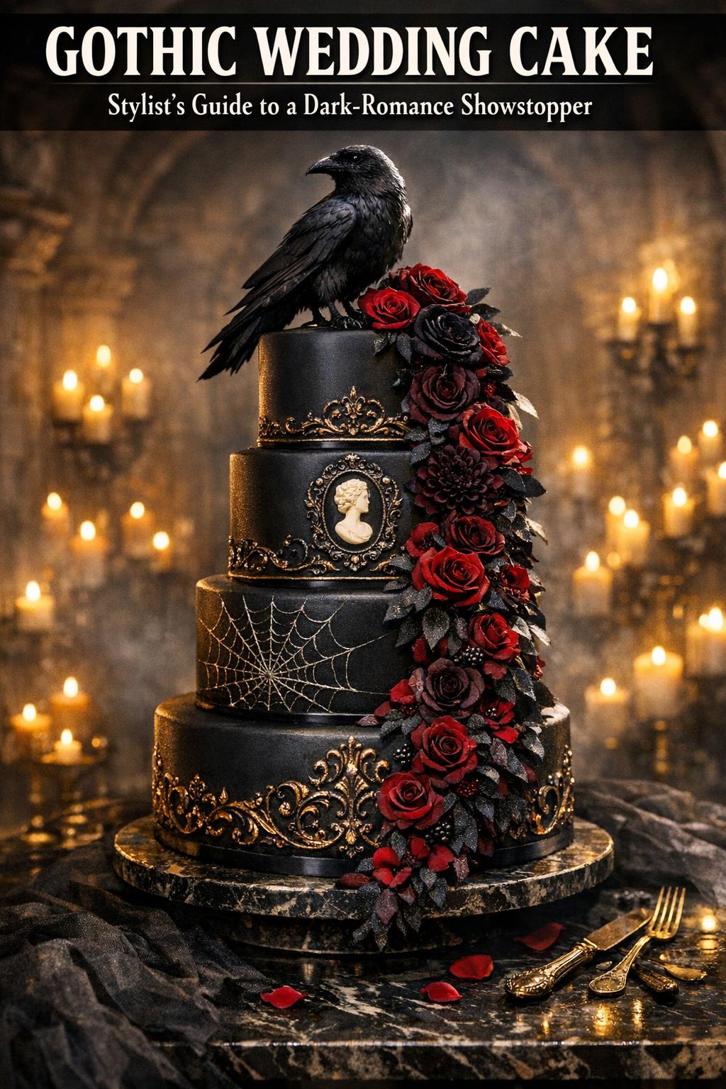 Gothic wedding cake with dark frosting, ornate details, and candlelit styling on a vintage table