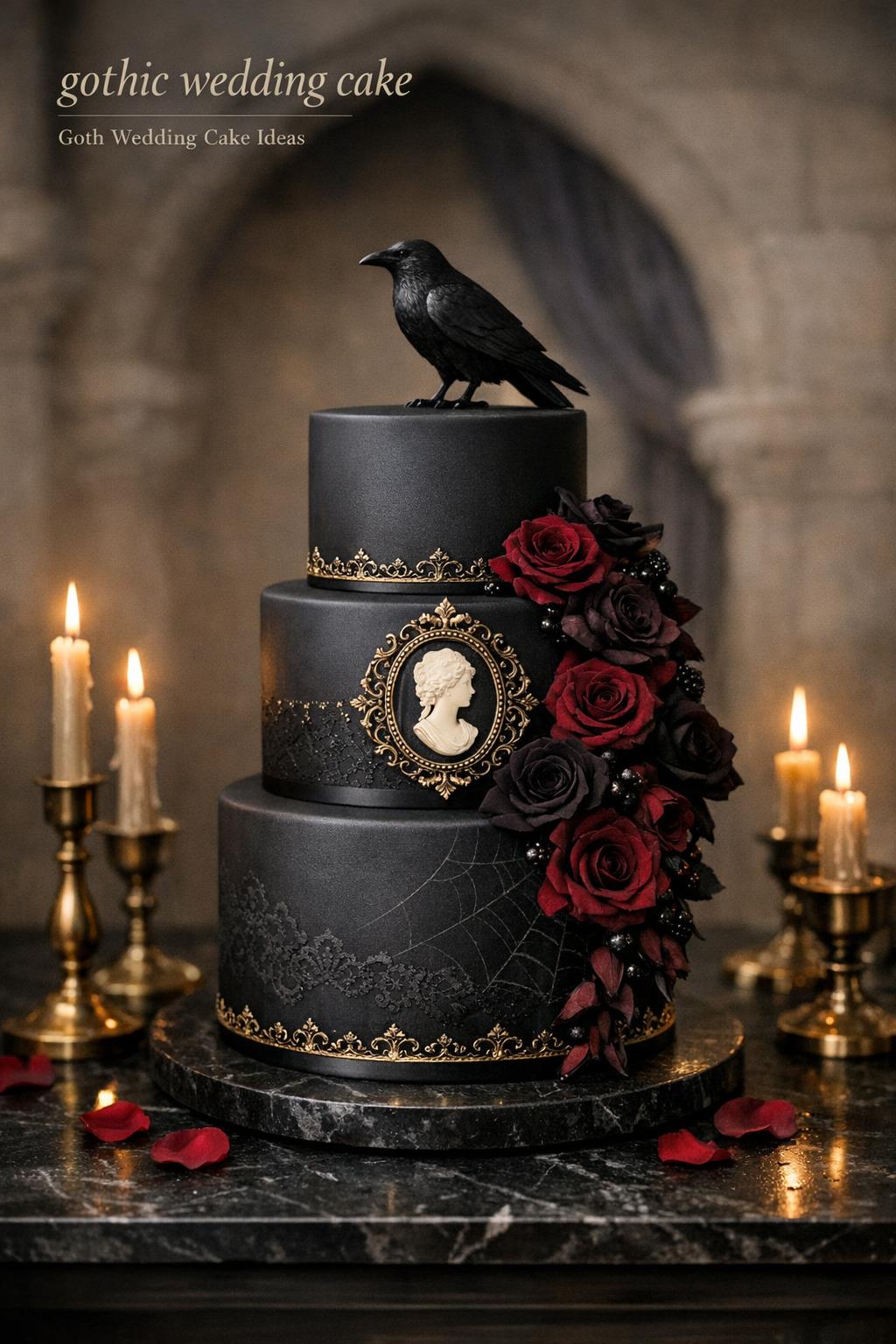 Gothic wedding cake with matte black tiers, metallic accents, raven topper, and burgundy flowers on a candlelit table