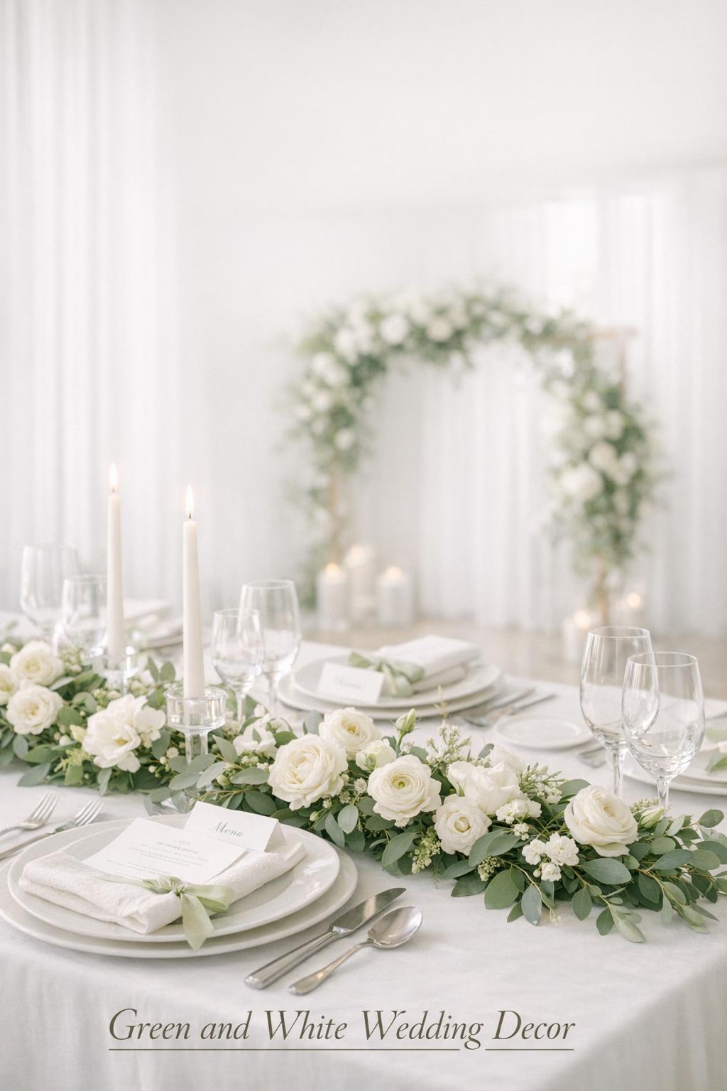 Green and white wedding decor tablescape with white florals, taper candles, and greenery runner in soft natural window light
