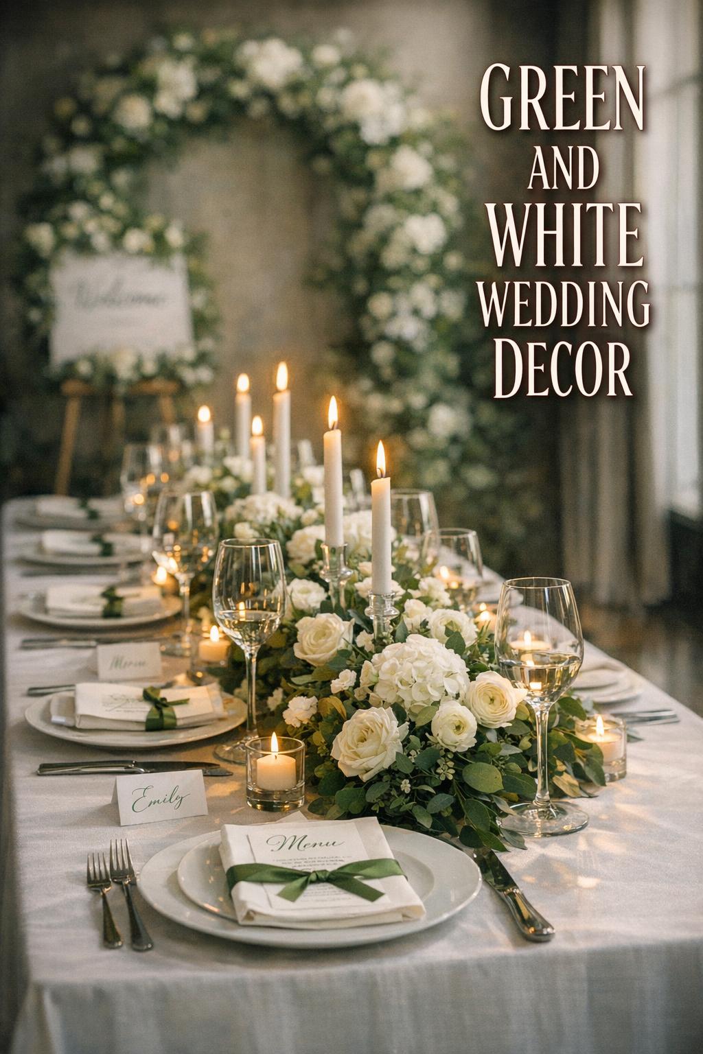 Green and white wedding decor table with white linens, greenery runner, white florals, taper candles, and elegant stationery