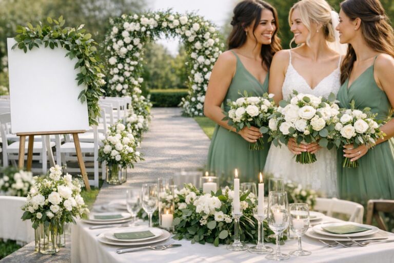 Green and white wedding decor with lush greenery garland, white roses, and candles on an elegant reception table