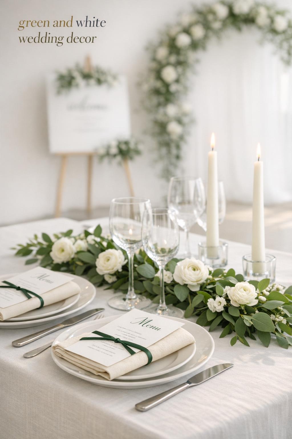 Green and white wedding decor table setting with greenery runner, white plates, ivory napkins, and taper candles in soft daylight