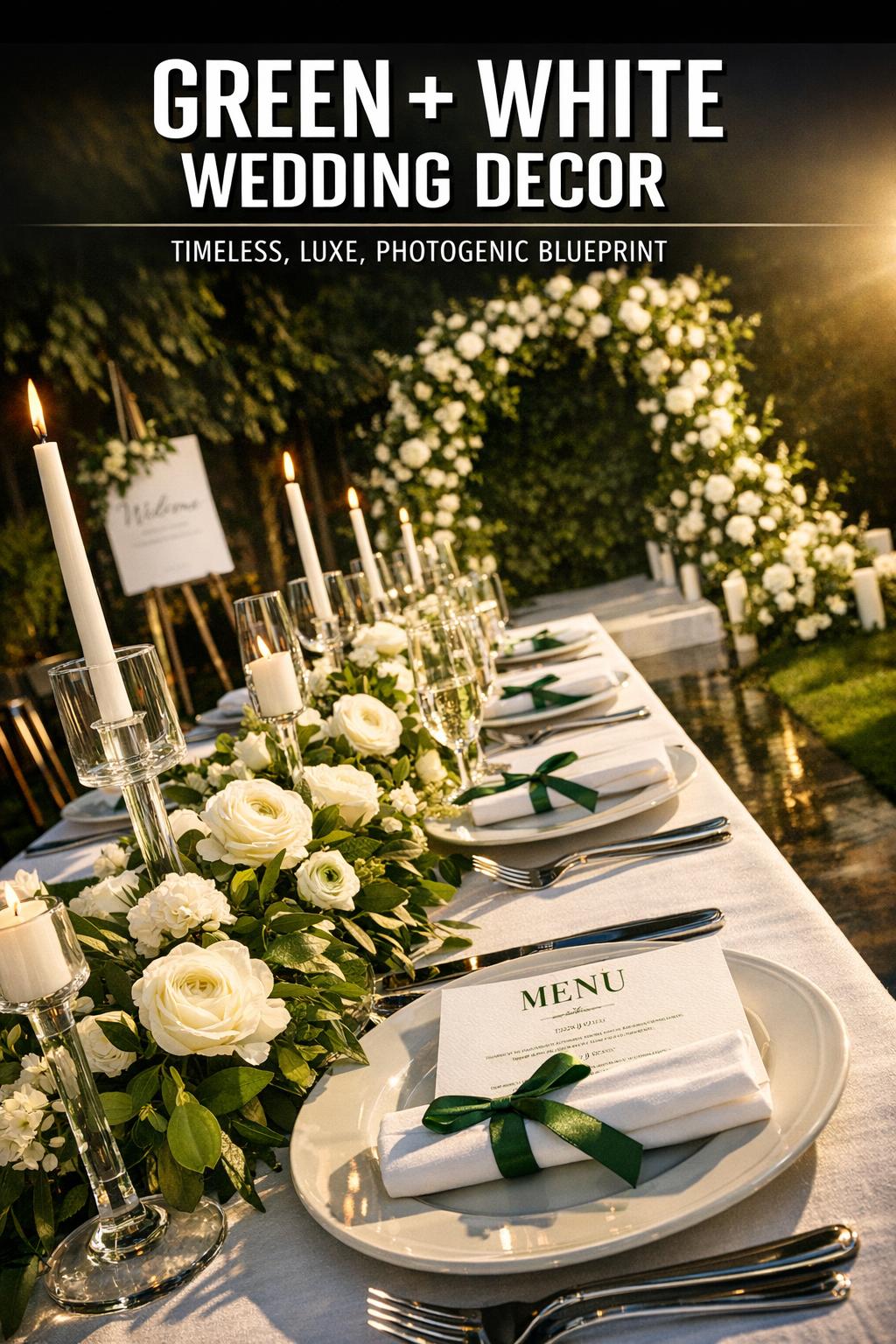 Green and white wedding decor with lush greenery, white florals, and elegant table settings at a reception