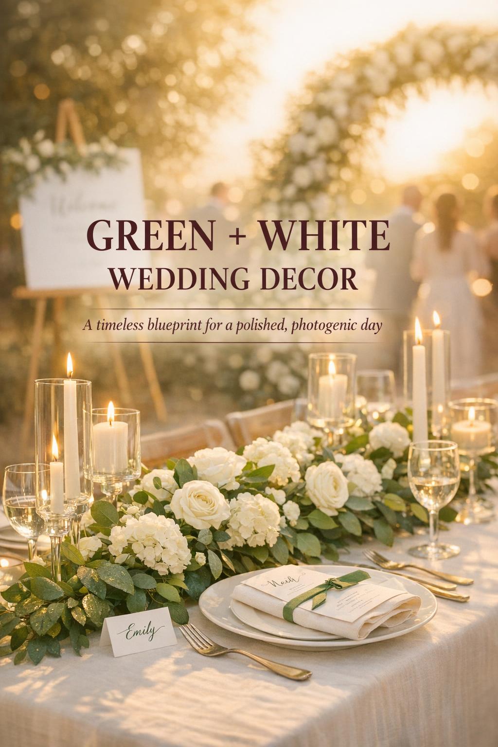 Green and white wedding decor tablescape with lush greenery runner, white blooms, taper candles, and linen place settings in golden light