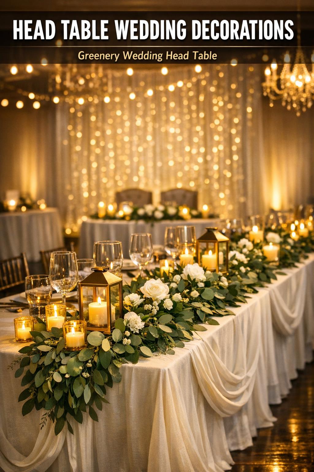 Head table wedding decorations with elegant floral arrangements, candles, and soft draping in a romantic reception setting