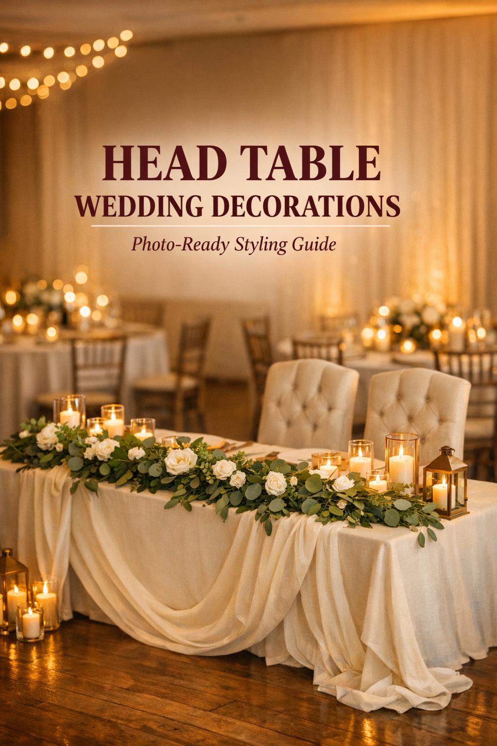 Head table wedding decorations with greenery garland, ivory draping, and candlelight in a cozy golden-hour reception