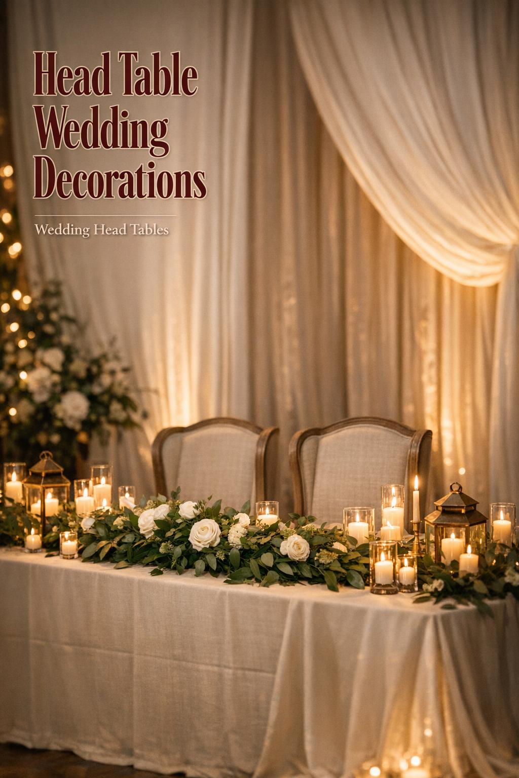 Moody indoor reception head table wedding decorations with greenery runner, candles, ivory draping, and burgundy text overlay
