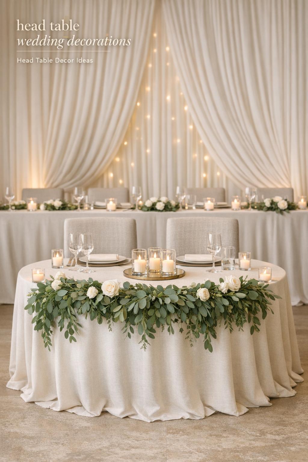 Head table wedding decorations with sweetheart table, greenery garland runner, ivory drape, candles, and warm fairy lights