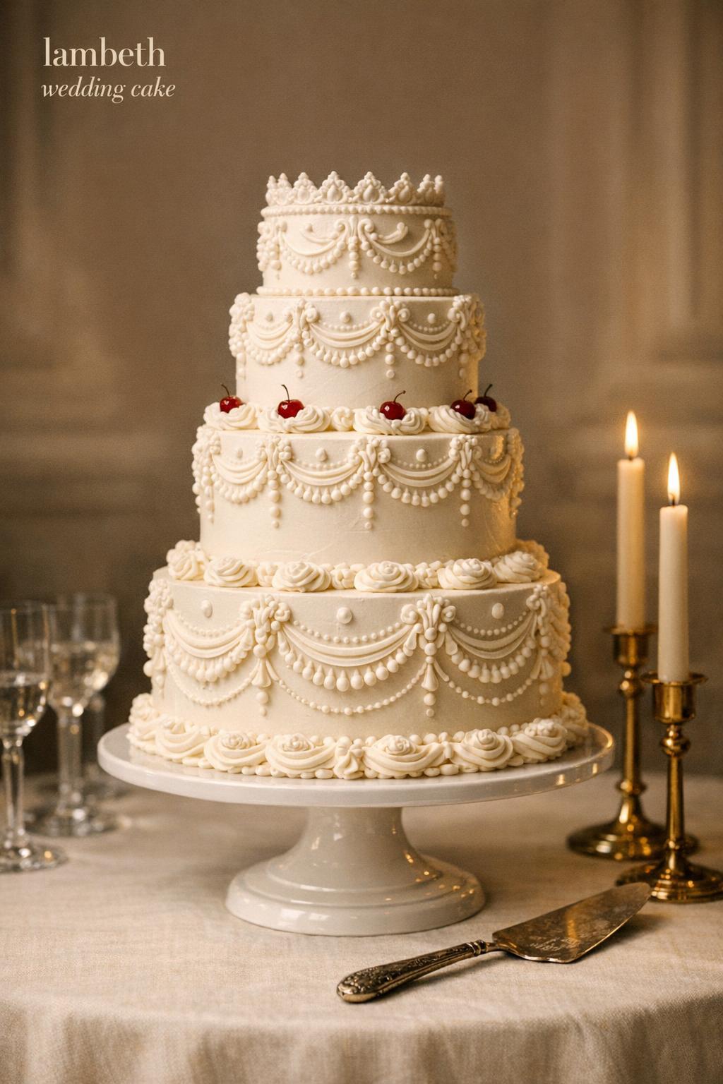 Lambeth wedding cake on pedestal with ornate Victorian buttercream piping in a candlelit vintage reception setting