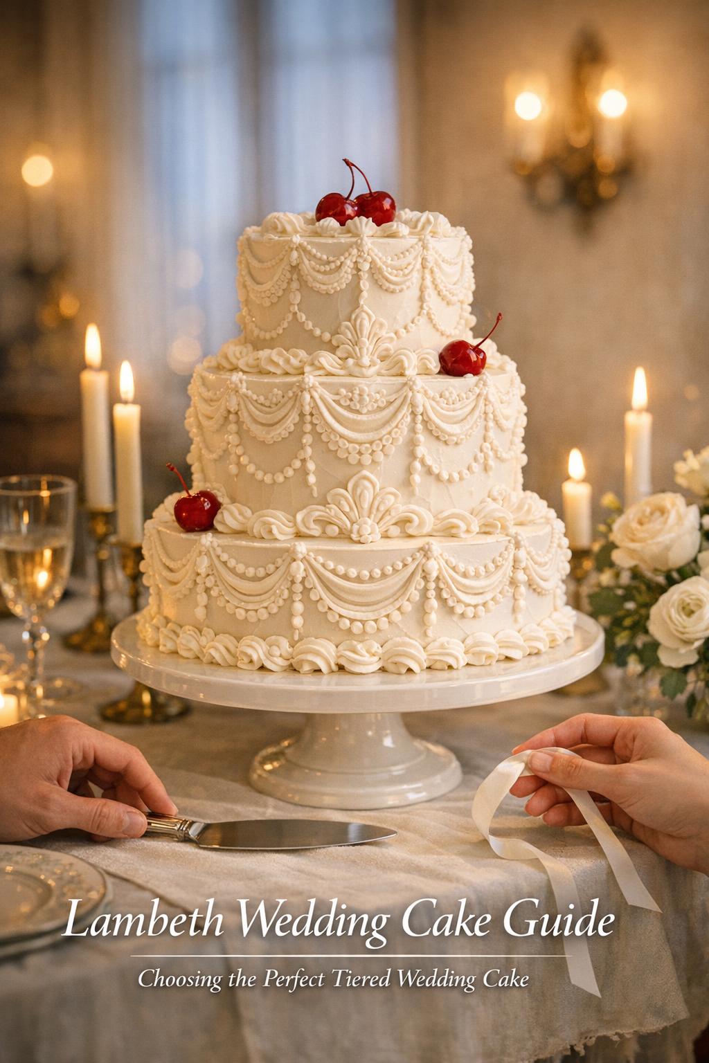 Ornate white-on-white lambeth wedding cake on a candlelit reception table with soft florals and elegant typography overlay