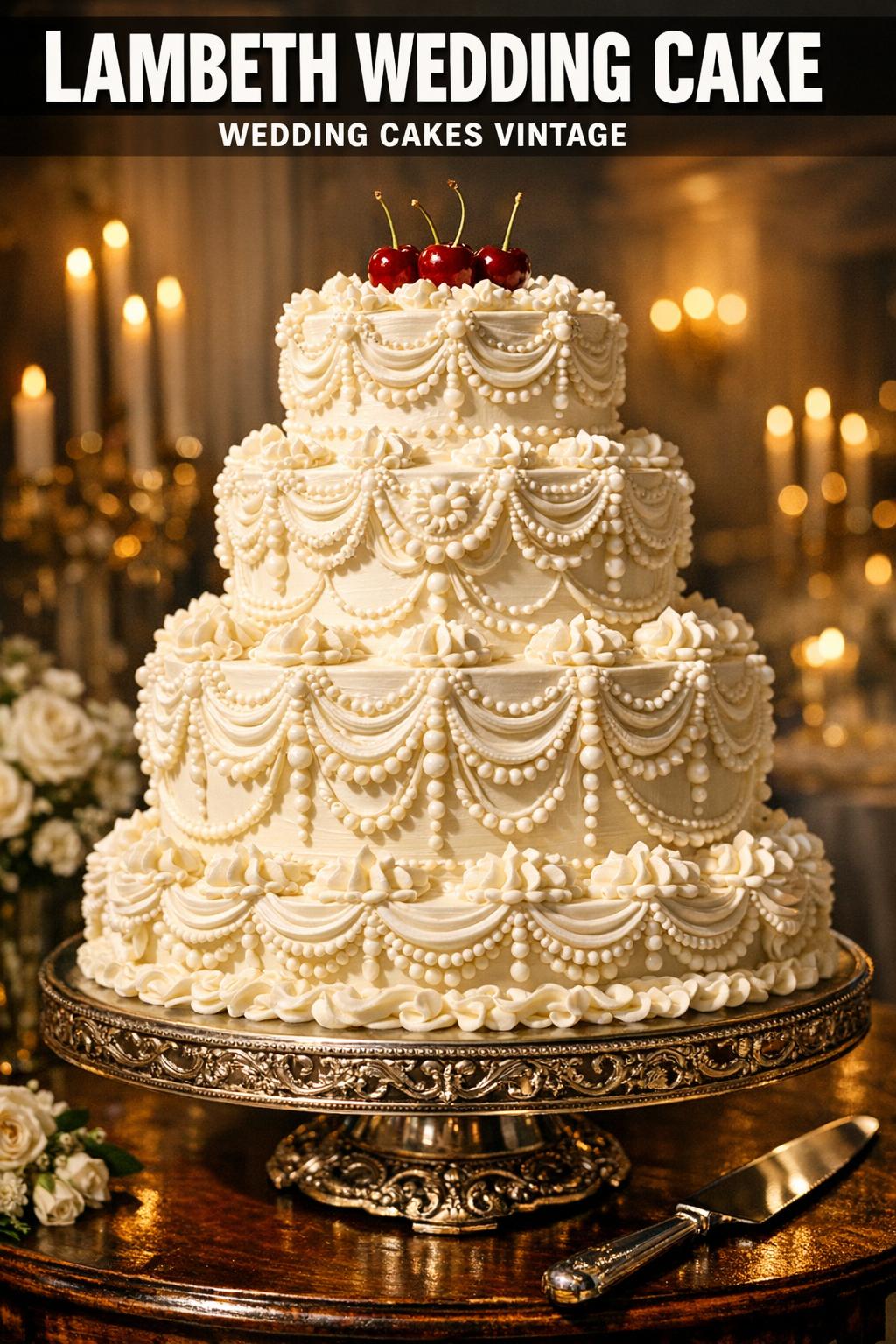 Lambeth wedding cake with ornate piped frosting, elegant tiers, and classic white finish for a timeless reception centerpiece
