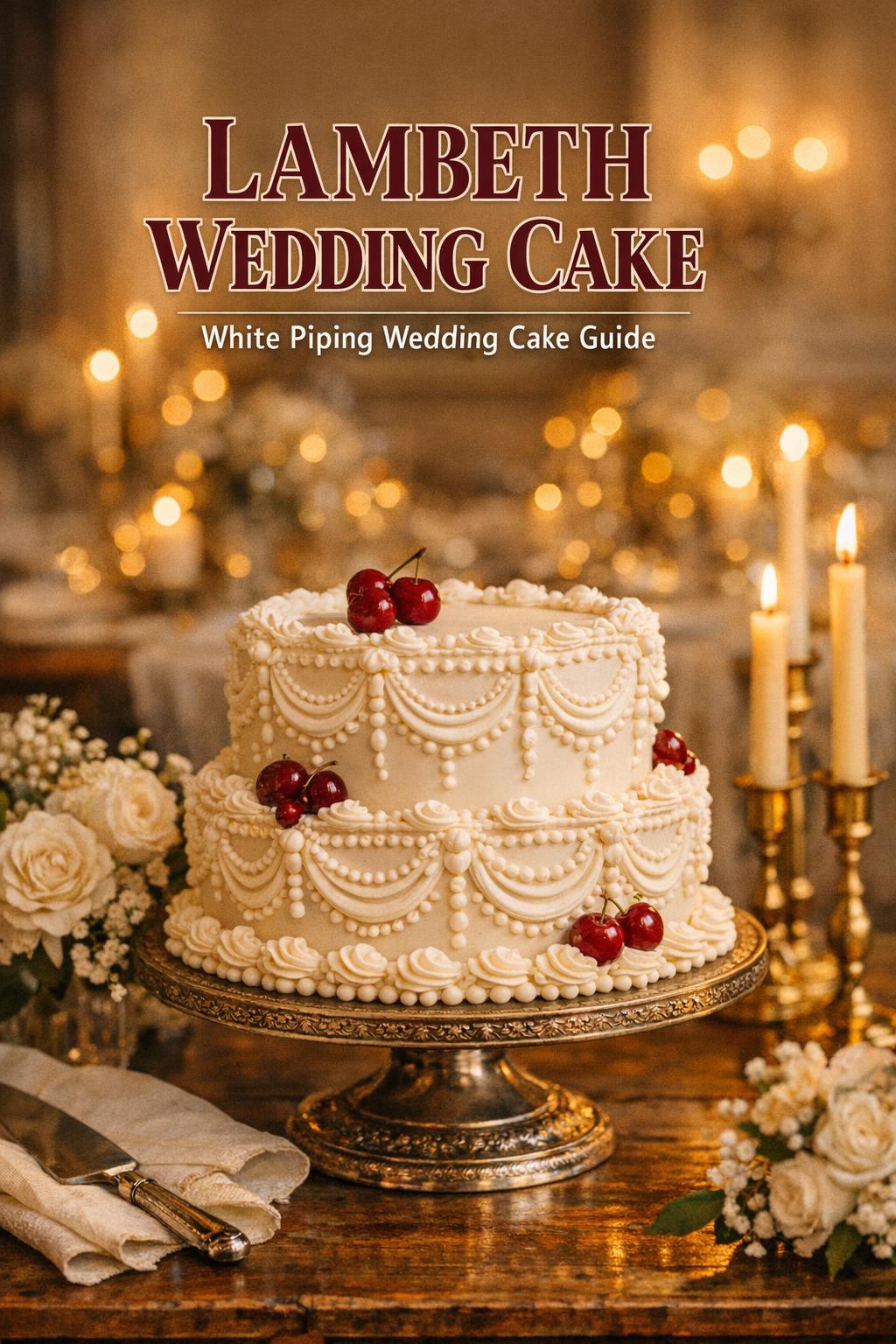 Lambeth wedding cake on vintage pedestal with ornate white piping, candlelit golden-hour reception table and warm bokeh