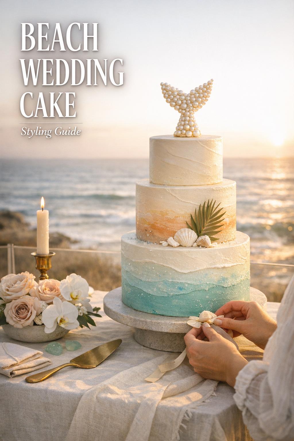 Luxury Beach Wedding Cake Styling at Golden Hour Luxury beach wedding cake on coastal reception table at golden hour with ocean horizon and elegant editorial styling