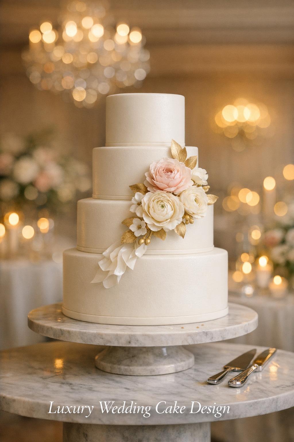 Luxury Wedding Cake Design in Black-Tie Ballroom Luxury wedding cake design on marble pedestal in black-tie ballroom with candlelight and chandelier bokeh