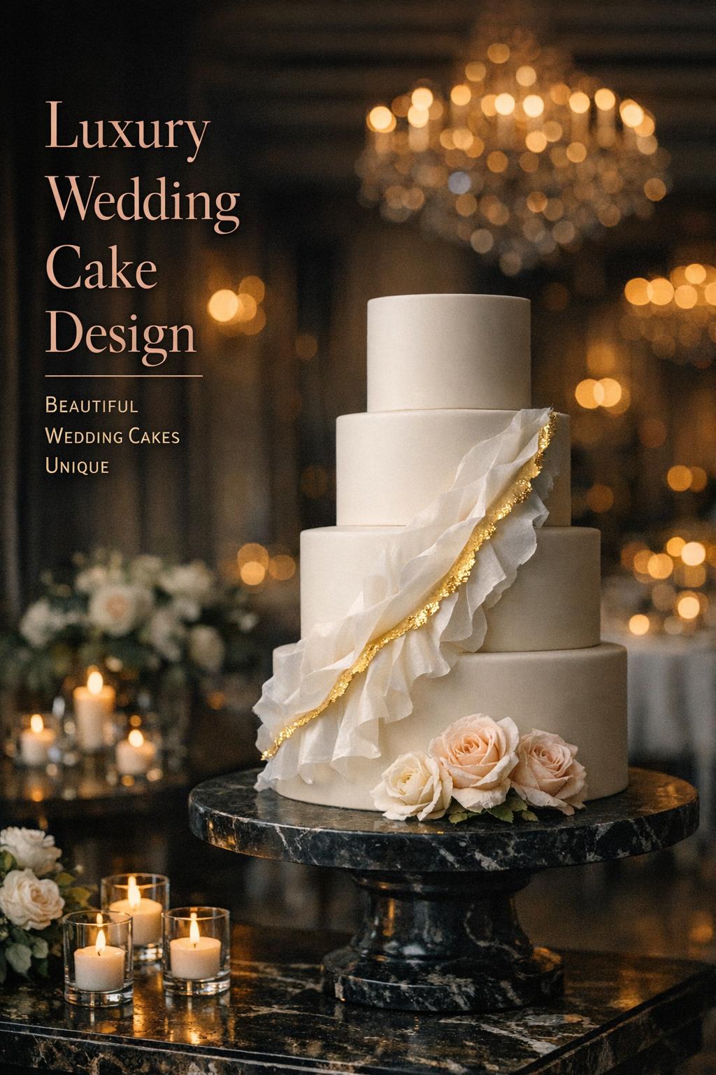 Luxury Wedding Cake Design in Black-Tie Ballroom Luxury wedding cake design in a chandeliered ballroom with ivory four-tier cake, wafer ruffles, gold leaf, and candlelight