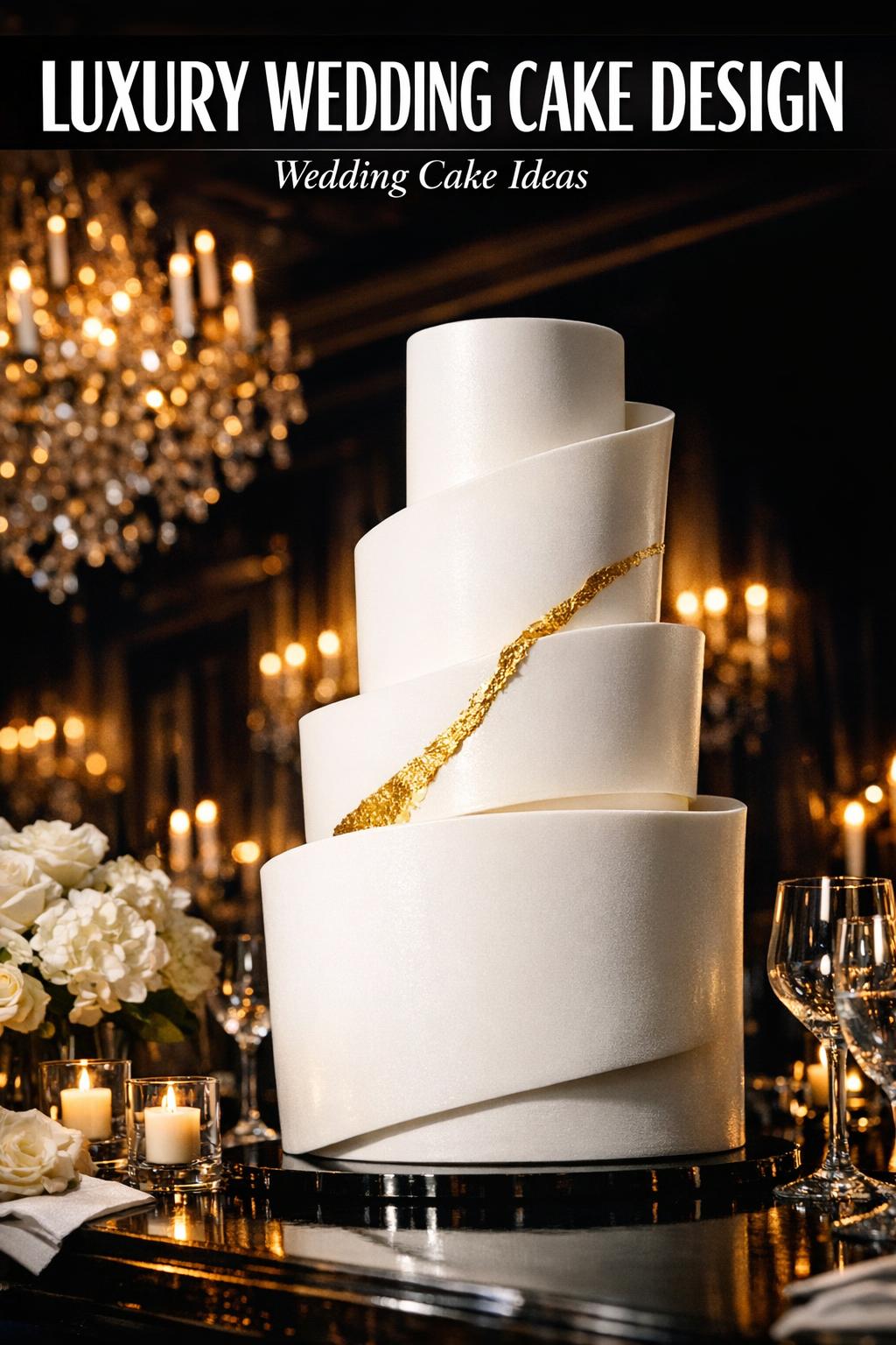 Luxury Wedding Cake Design on Elegant Display Luxury wedding cake design displayed on an elegant white table with soft floral décor in a bright reception setting