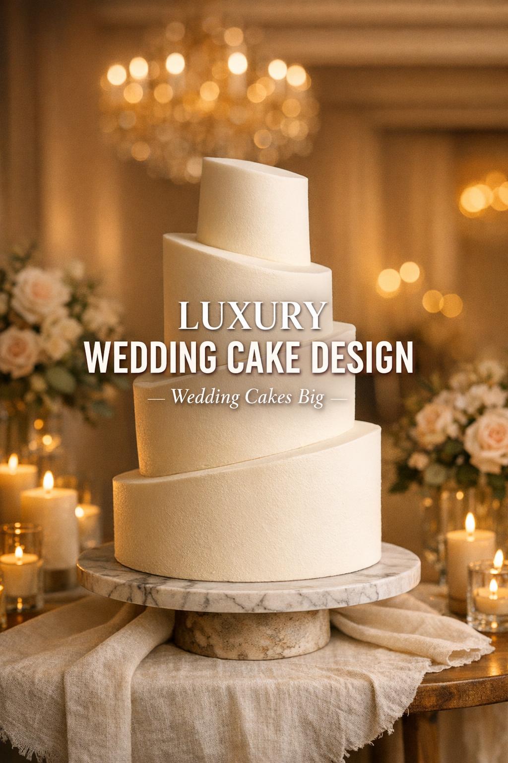 Luxury Wedding Cake Design Editorial Luxury wedding cake design in golden-hour editorial setting with ivory tiered cake, candles, and soft floral accents