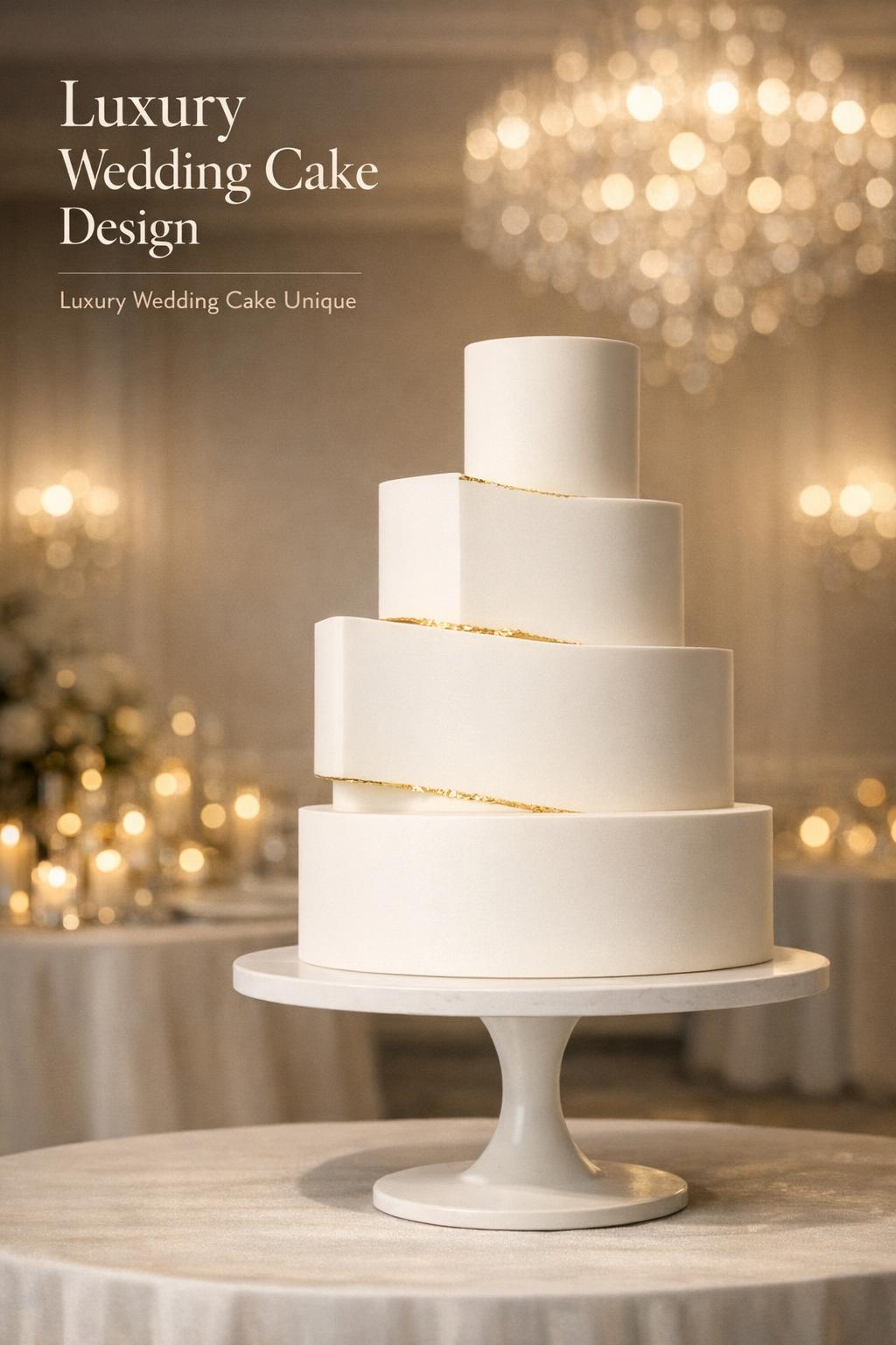 Luxury Wedding Cake Design in Black-Tie Ballroom Luxury wedding cake design with ivory fondant tiers, subtle gold accents, and chandelier bokeh in an elegant ballroom