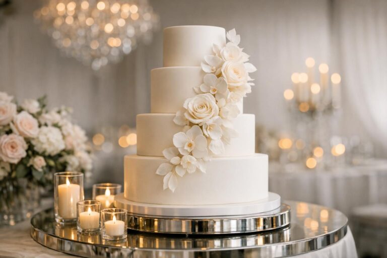 Luxury wedding cake design with tall white tiers, sugar flowers, and subtle edible gold on a ballroom cake table