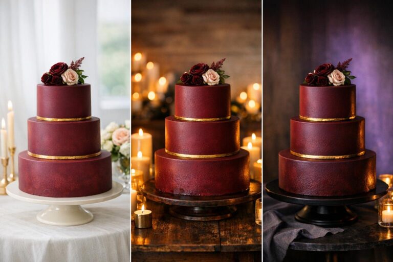Burgundy wedding cake with matte tiers, subtle gold accents, and ivory flowers styled on a light reception table