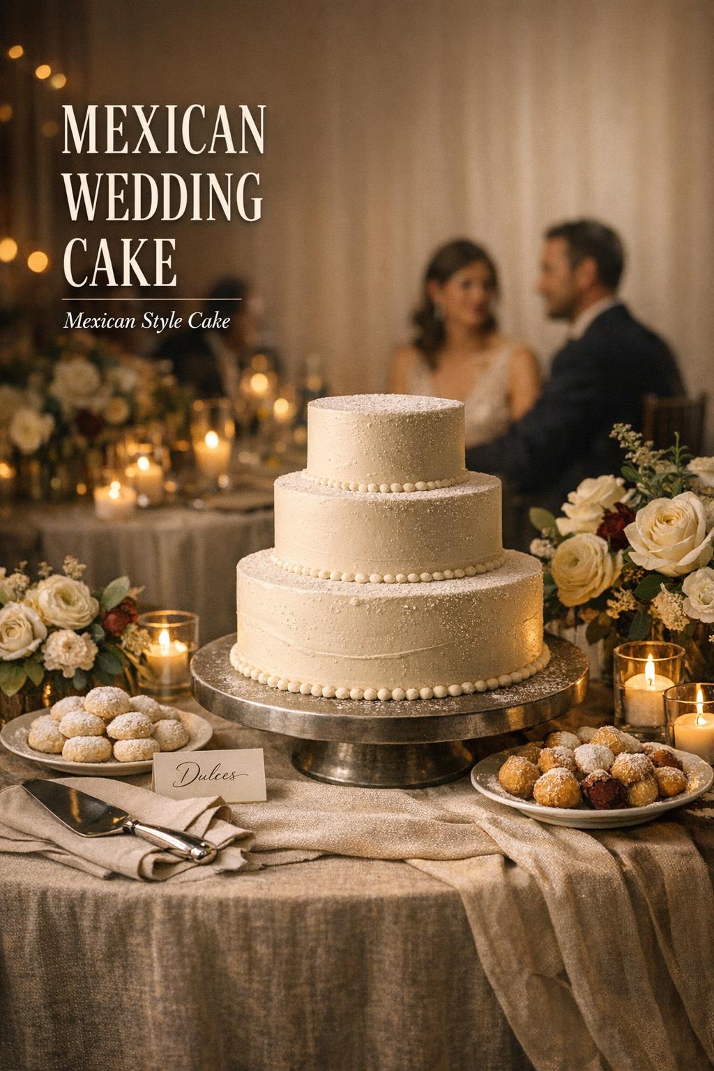 Mexican wedding cake dessert table at candlelit reception with tiered ivory cake, polvorones, and burgundy florals