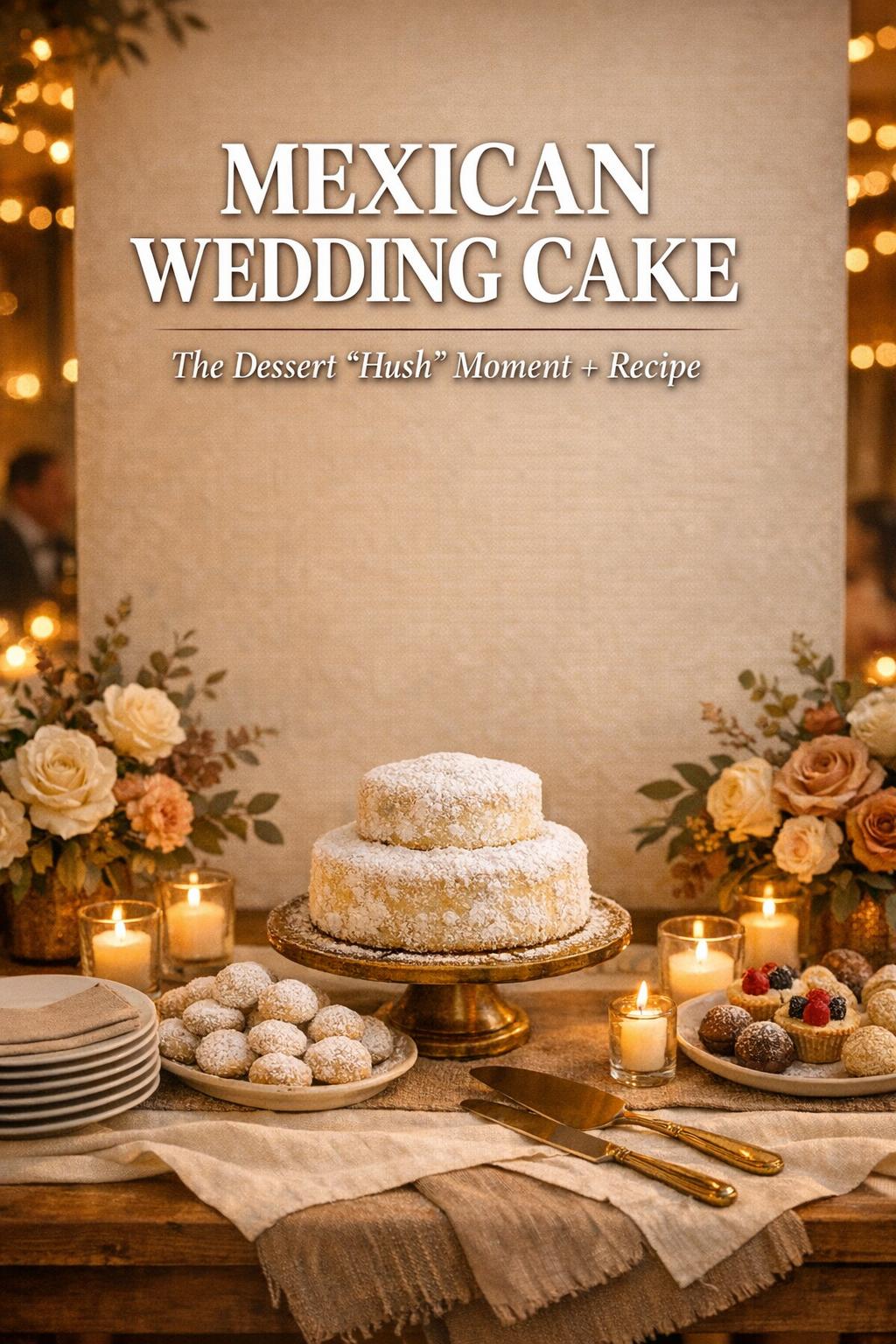 Mexican wedding cake on an elegant candlelit dessert table with powdered sugar, florals, and warm wedding reception glow
