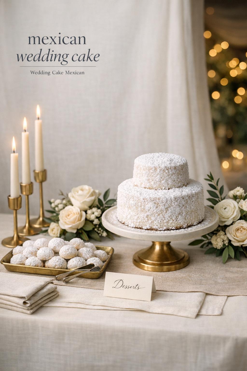 Mexican wedding cake on an elegant dessert table with powdered sugar, candlelight, and minimalist wedding decor.