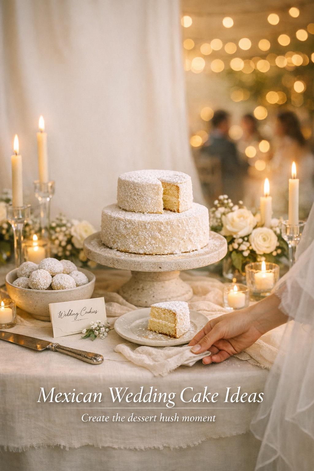 Mexican wedding cake display with candles, cookies and bride’s hand at a dreamy golden-hour wedding reception