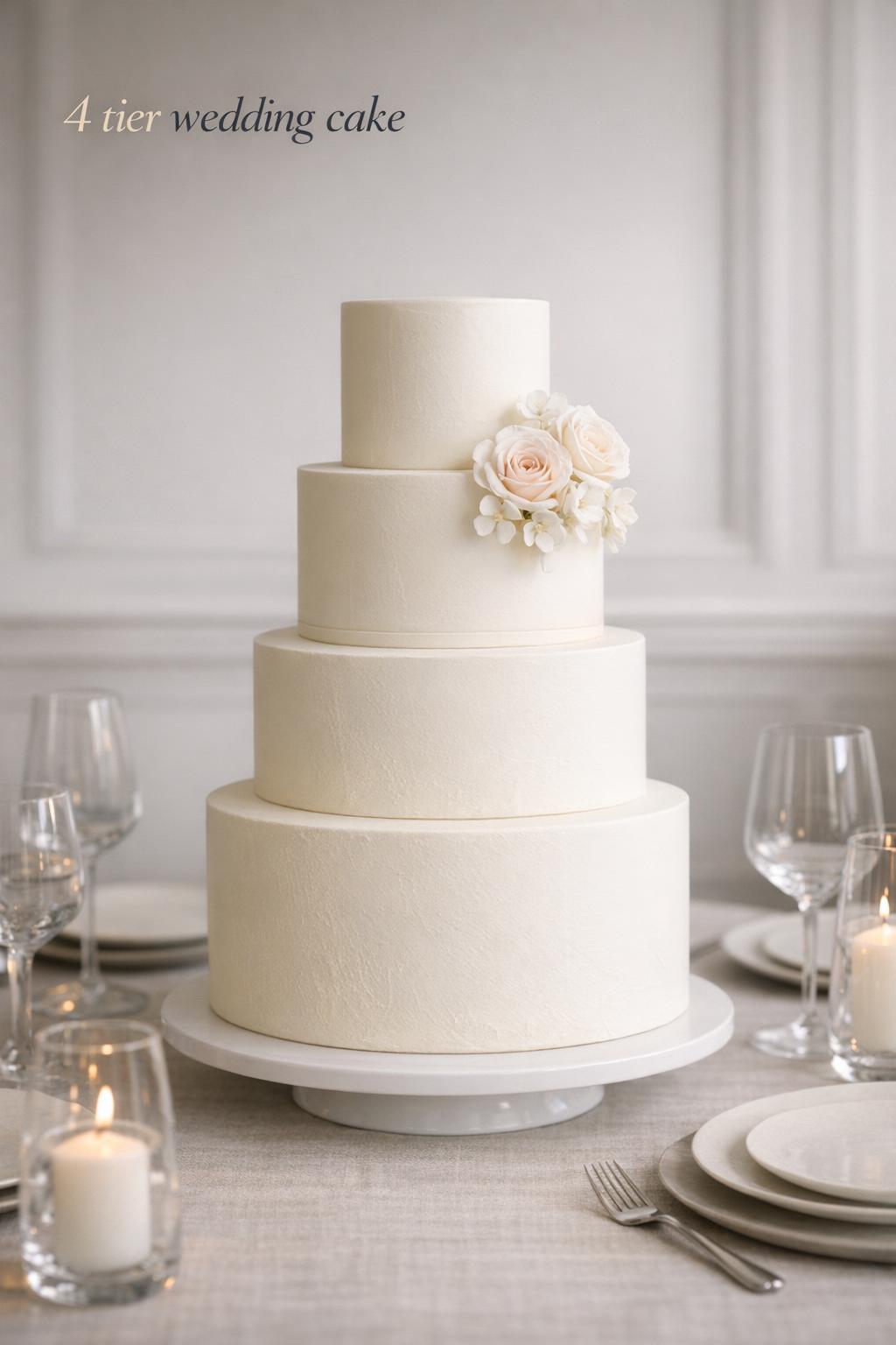 Minimalist Ivory 4 Tier Wedding Cake Editorial Minimalist luxury reception table with a 4 tier wedding cake in ivory white, elegant editorial styling and soft candlelight