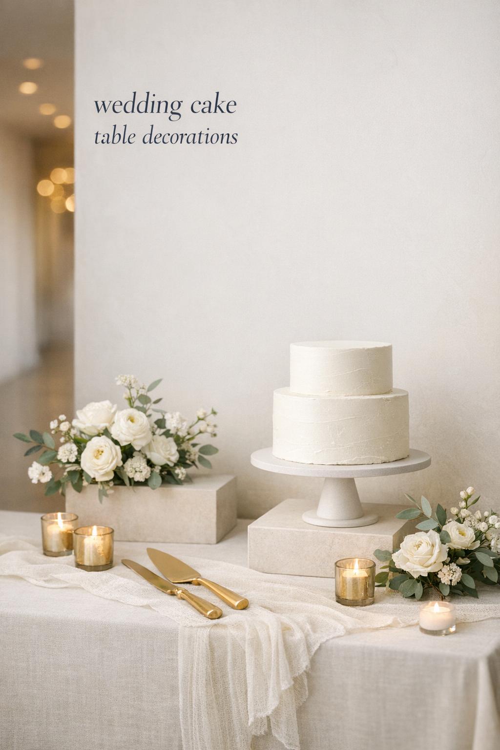 Minimalist wedding cake table decorations with white buttercream cake, airy white florals, and warm candlelight on neutral linen.