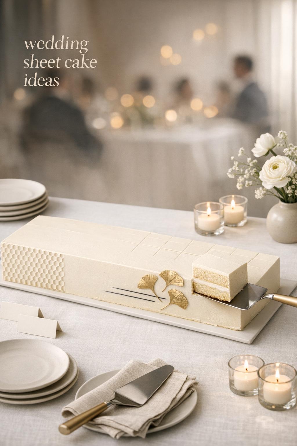 modern minimalist wedding dessert table with long ivory sheet cake centerpiece, wedding sheet cake ideas text overlay