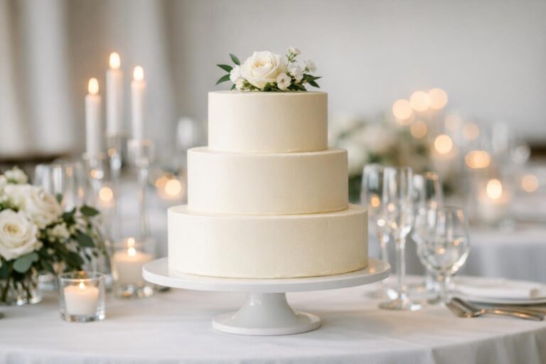 Elegant three tier wedding cake with smooth white icing on a simple stand in a softly lit modern reception setting