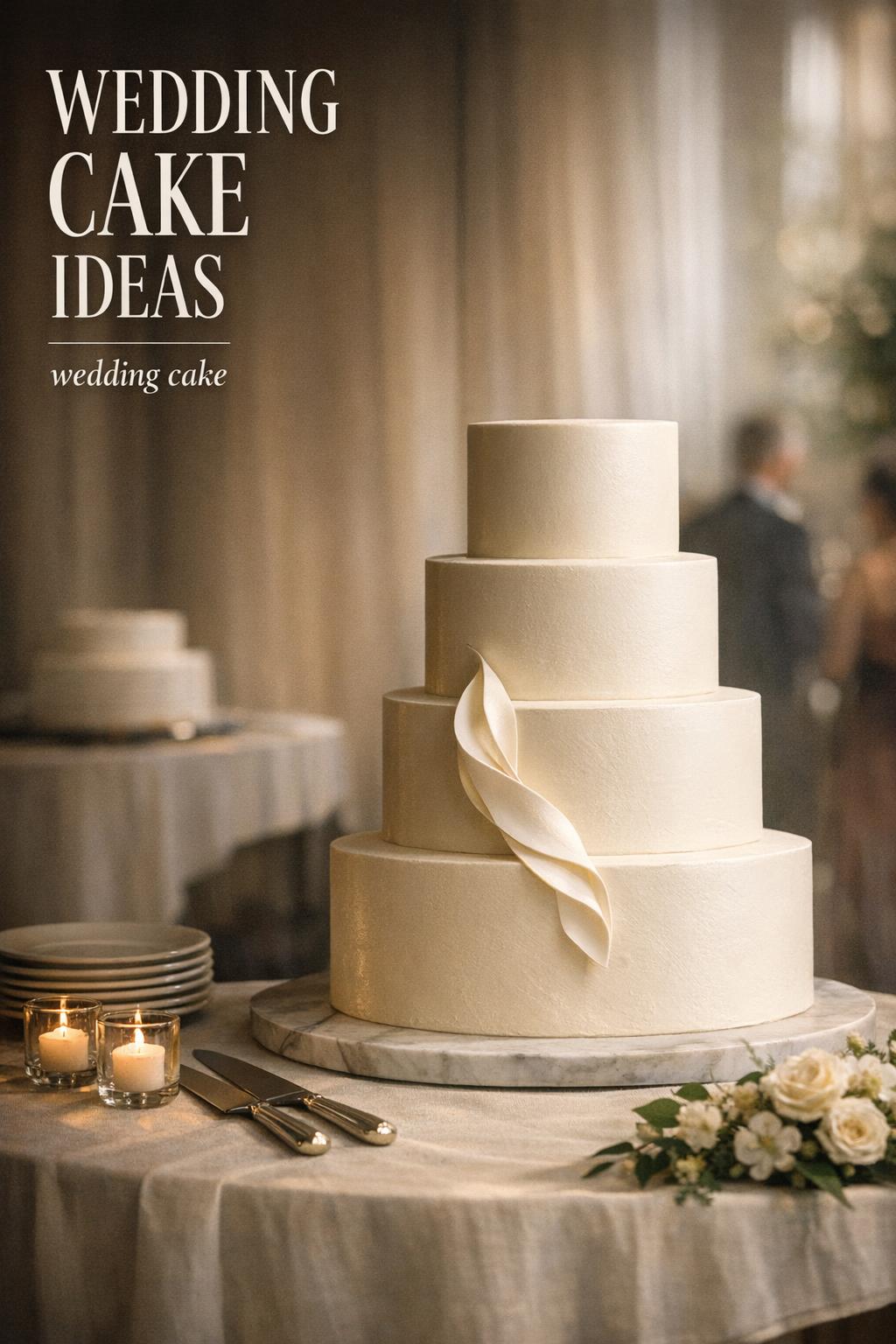 Modern tiered wedding cake on elegant reception table with candles, golden-hour light, and “Wedding Cake Ideas” text overlay