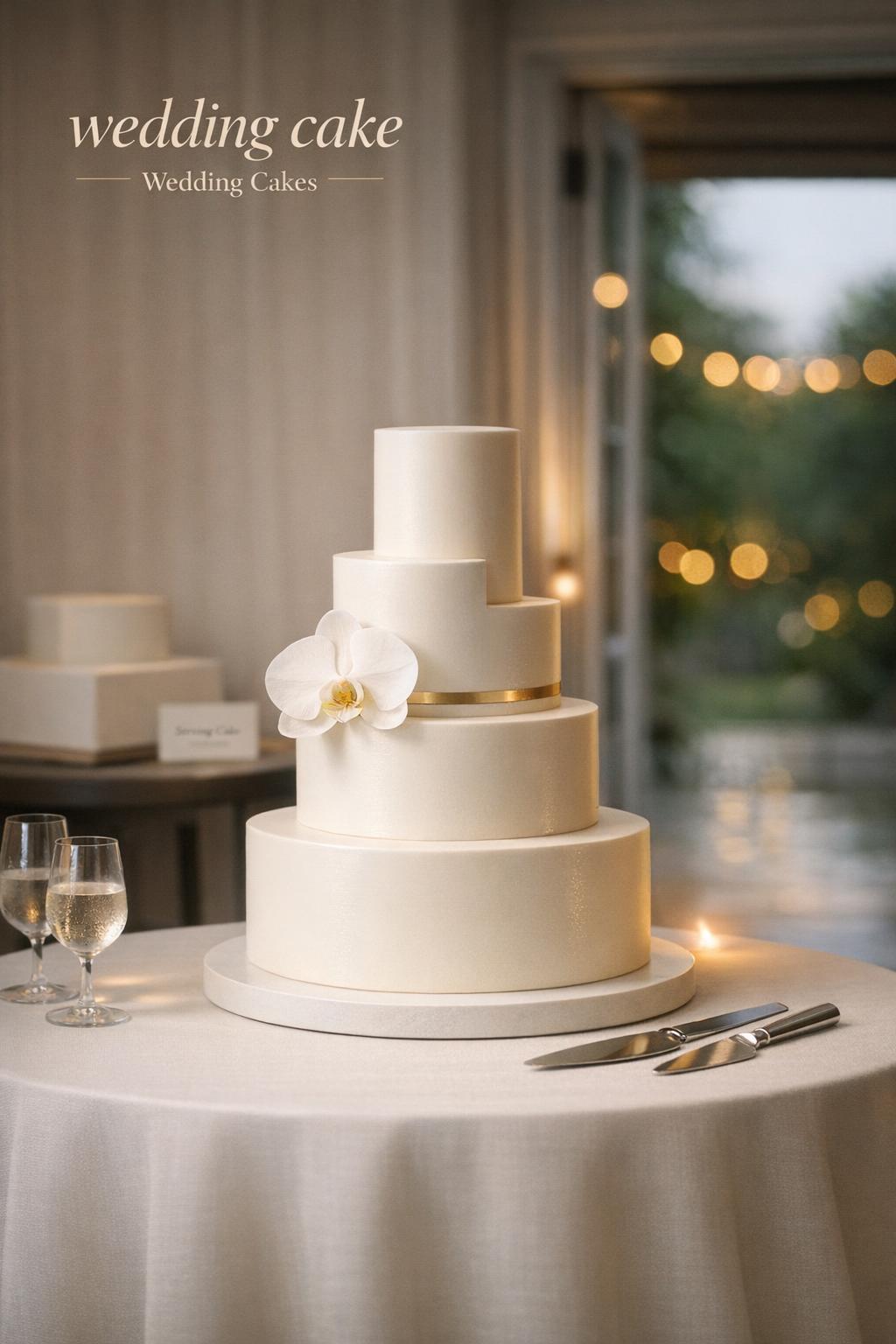 Modern wedding cake on minimalist table in a luxurious reception setting with soft daylight and warm uplight