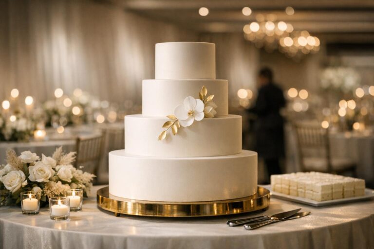 Elegant modern wedding cake on a minimalist cake table for a calm, luxe reception