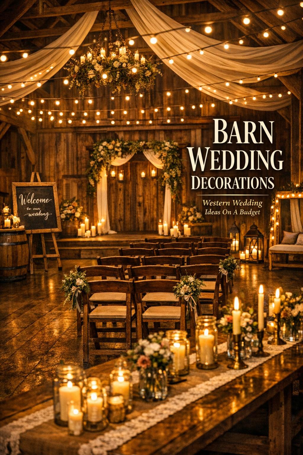 Moody rustic barn wedding decorations with candlelit tables, ceremony arch, greenery, and string lights in a styled reception.