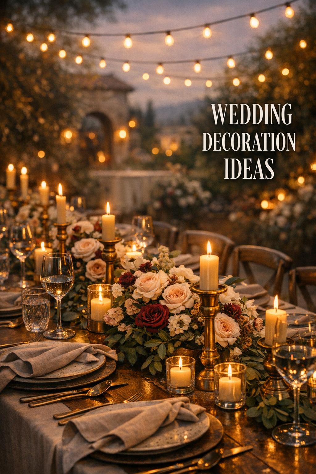 Wedding decoration ideas on a moody vineyard reception table with candles, roses, brass accents, and elegant place settings