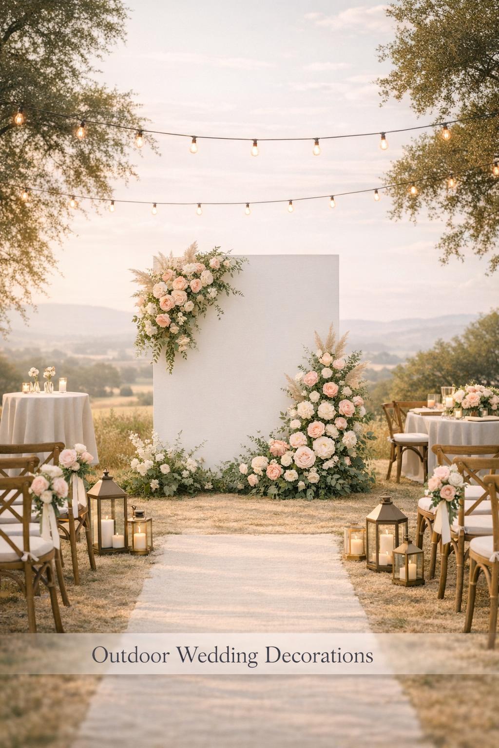 Outdoor wedding decorations with ivory arch, blush florals, lantern-lined aisle, and glowing string lights at golden hour